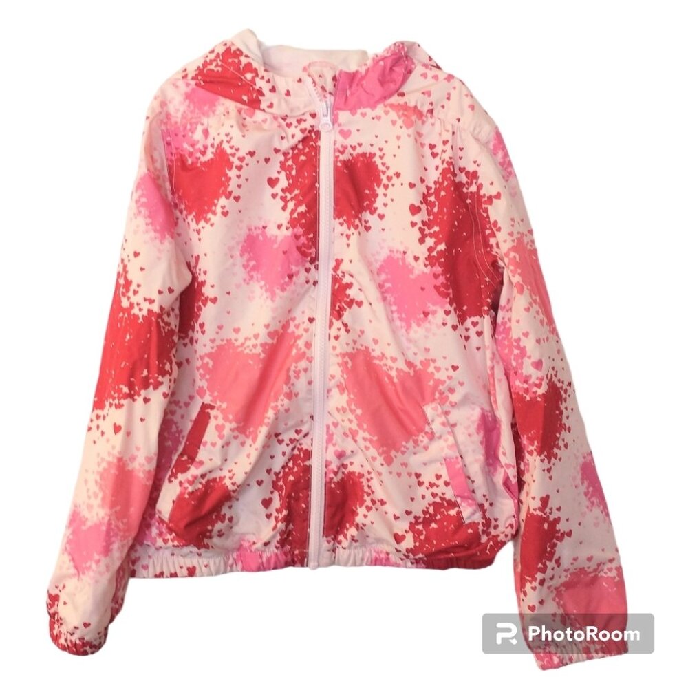 Girls Gymboree Pink Hearts Lightweight Hooded Full Zip Jacket Size Large 10/12